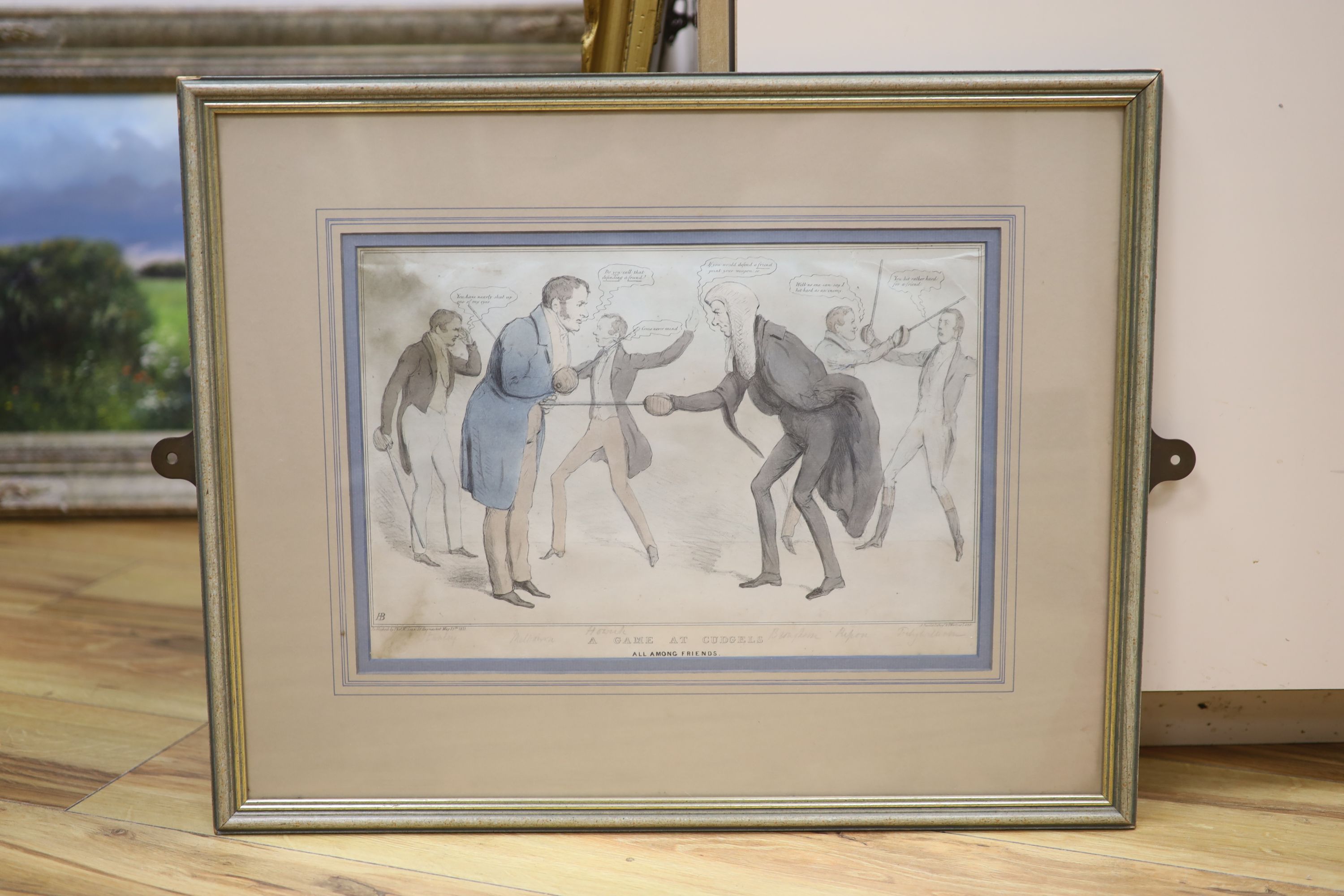 Thomas McLean publ., coloured lithograph, A game of Cudgels, all among friends, 25 x 37cm